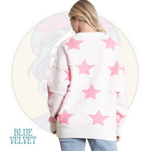 15V BLUE VELVET Thick Textured Star Graphic White Sweater with Pink - Picture 2 of 2